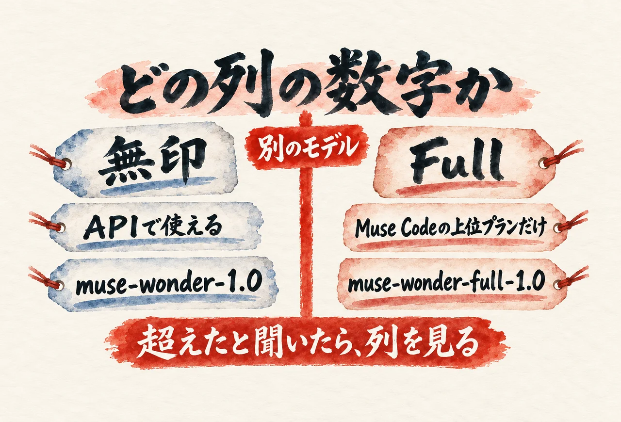 Muse Wonderの無印はAPIで使えるmuse-wonder-1.0、FullはMuse Codeの上位プランだけのmuse-wonder-full-1.0で、別のモデルだと左右に分けた図解