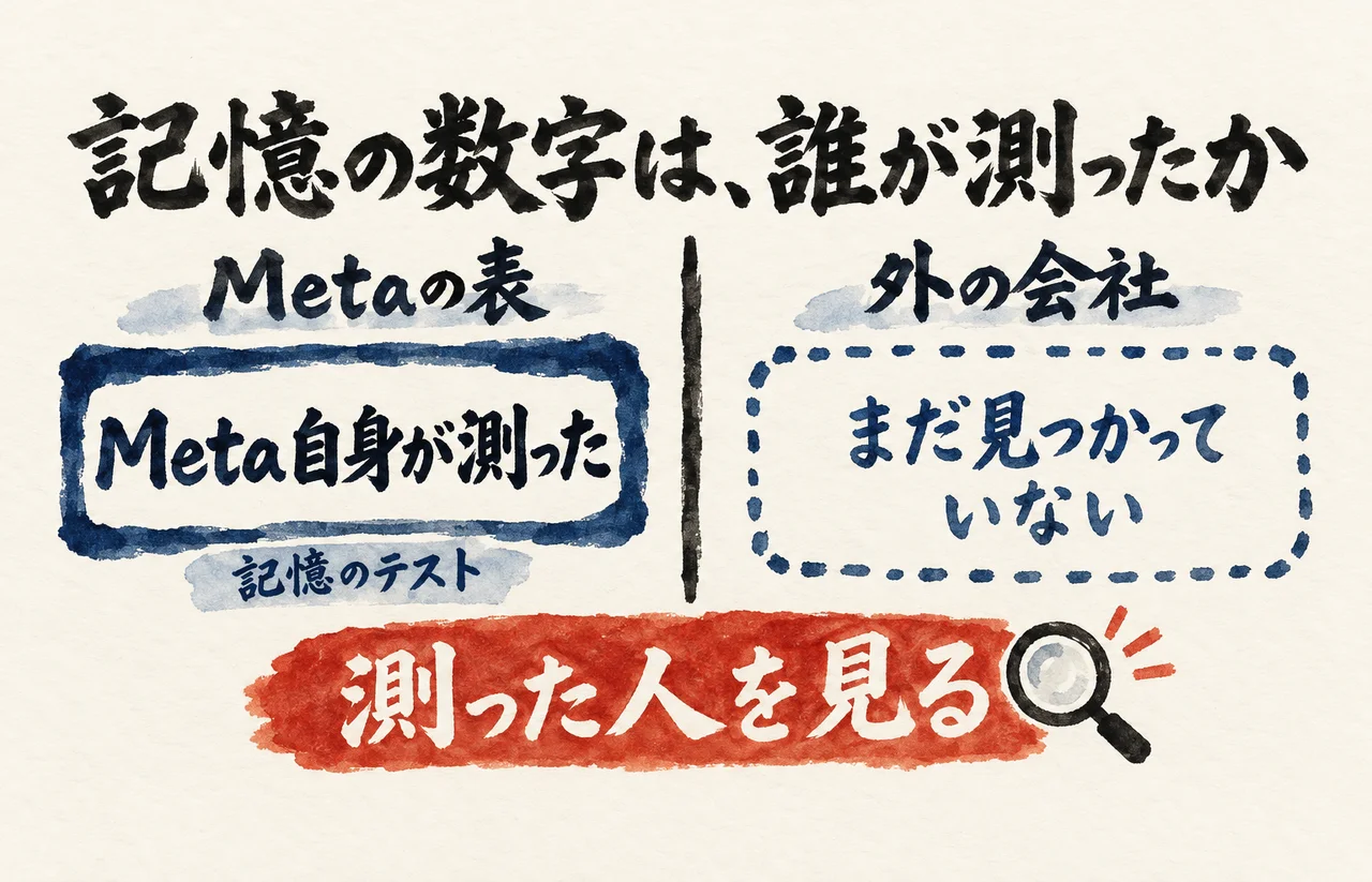 記憶のテストはMeta自身が測り、外の会社の結果はまだ見つかっていないことを左右に分けた図解