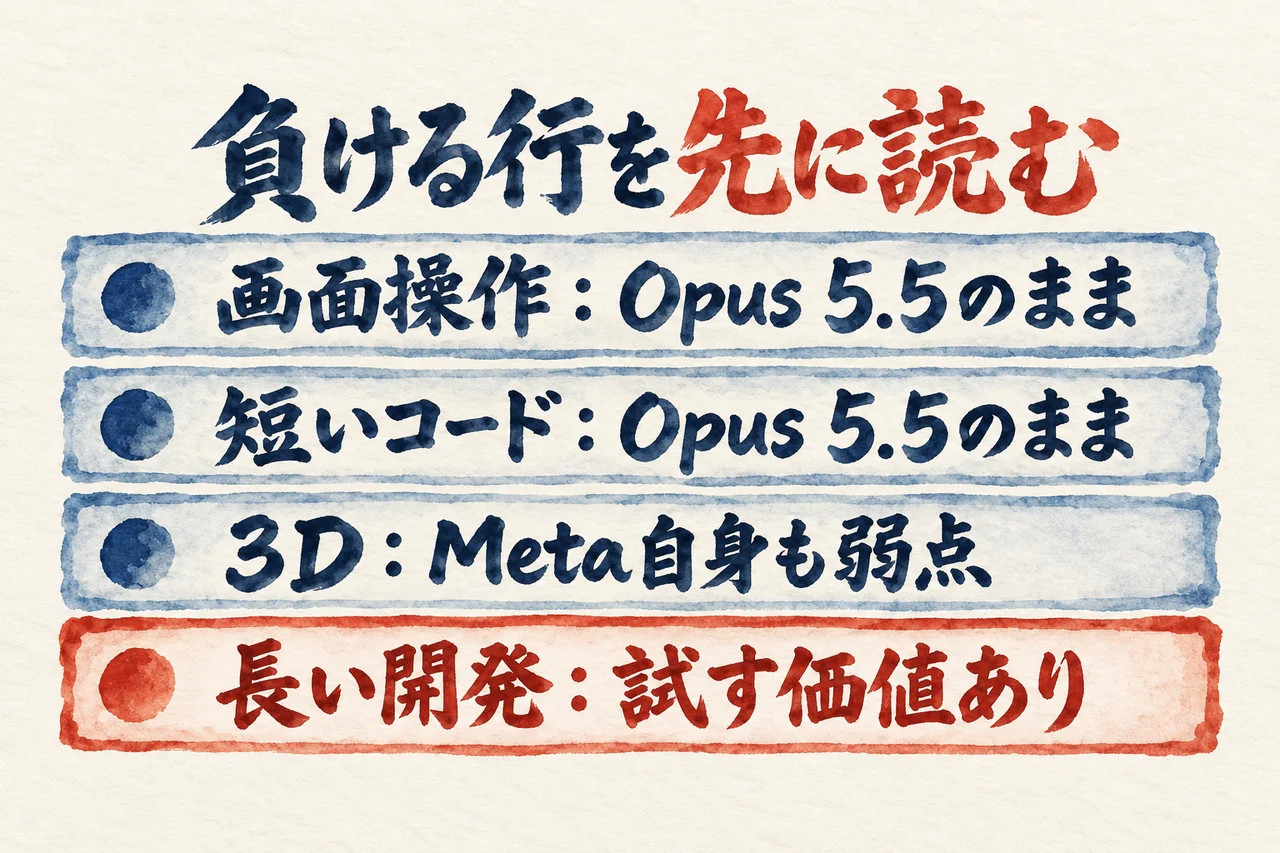 画面操作と短いコードはOpus 5.5のまま、3DはMeta自身も弱点、長い開発は試す価値ありと並べた図解