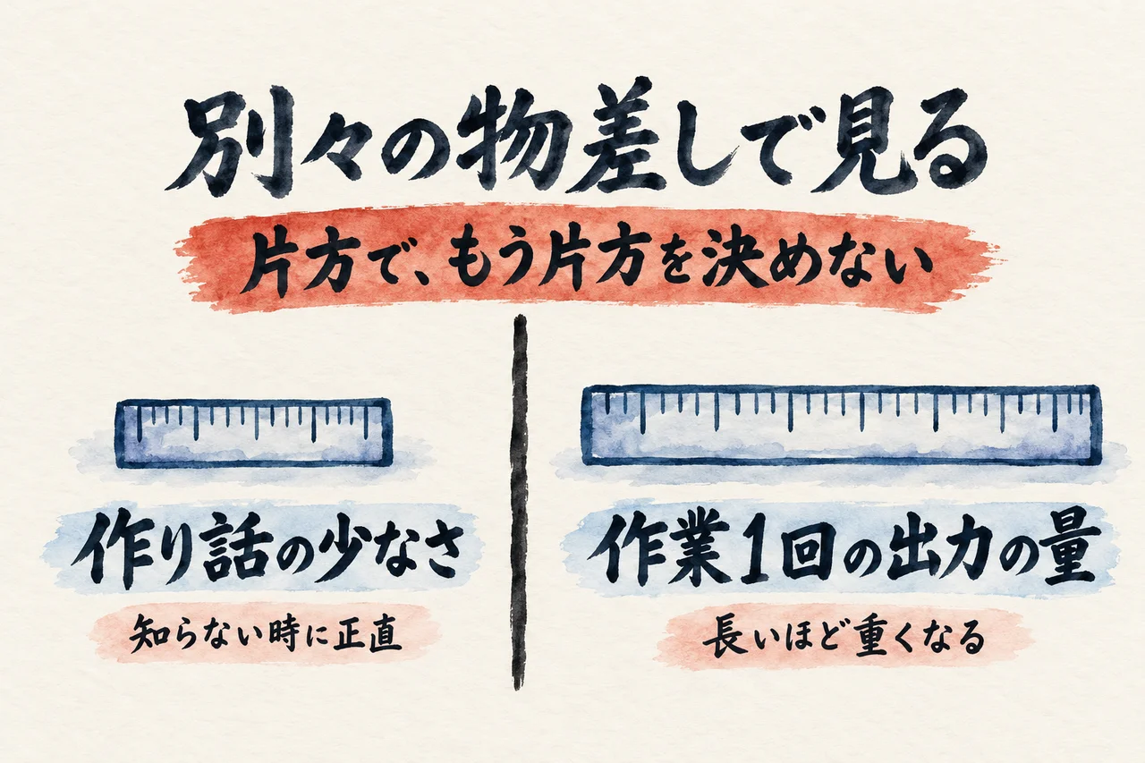 作り話の少なさと、作業1回の出力の量という別々の物差しを左右に並べた図解