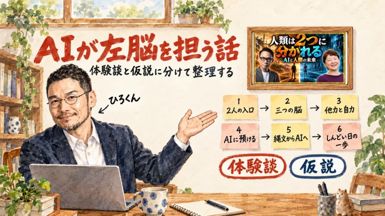2人の入口、三つの脳、他力と自力、AIに預ける、縄文からAIへ、しんどい日の一歩の6枚の付箋と、体験談と仮説の2つの札を、ひろくんが机の前で手を差し出して紹介している。筆文字はAIが左脳を担う話、体験談と仮説に分けて整理する。壁に動画のサムネイル
