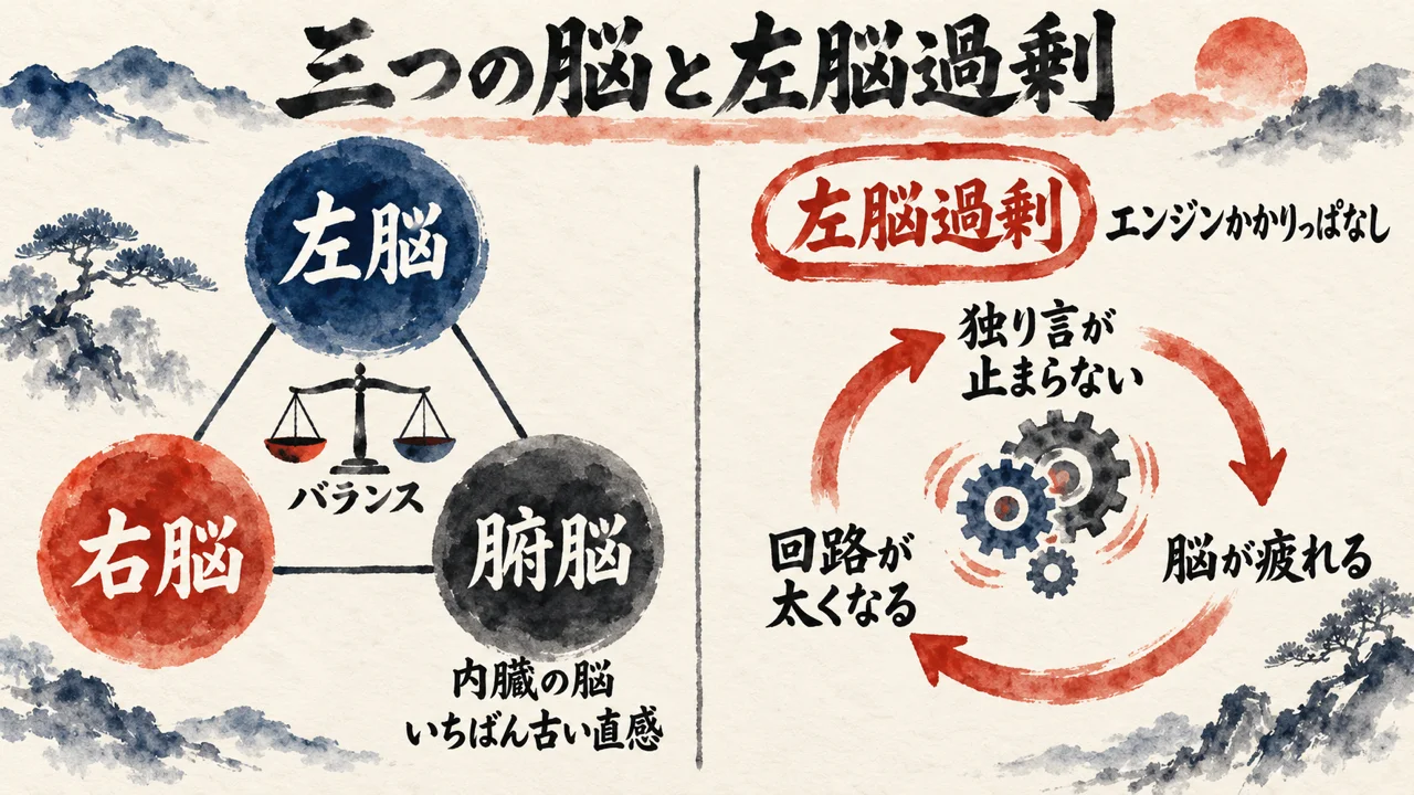 左脳・右脳・腑脳の3つの丸を三角形に置き、腑脳に内臓の脳・いちばん古い直感と添えた図。下に天秤のバランスと、左脳過剰からエンジンかかりっぱなし・独り言が止まらない・脳が疲れる・回路が太くなるへ回る輪