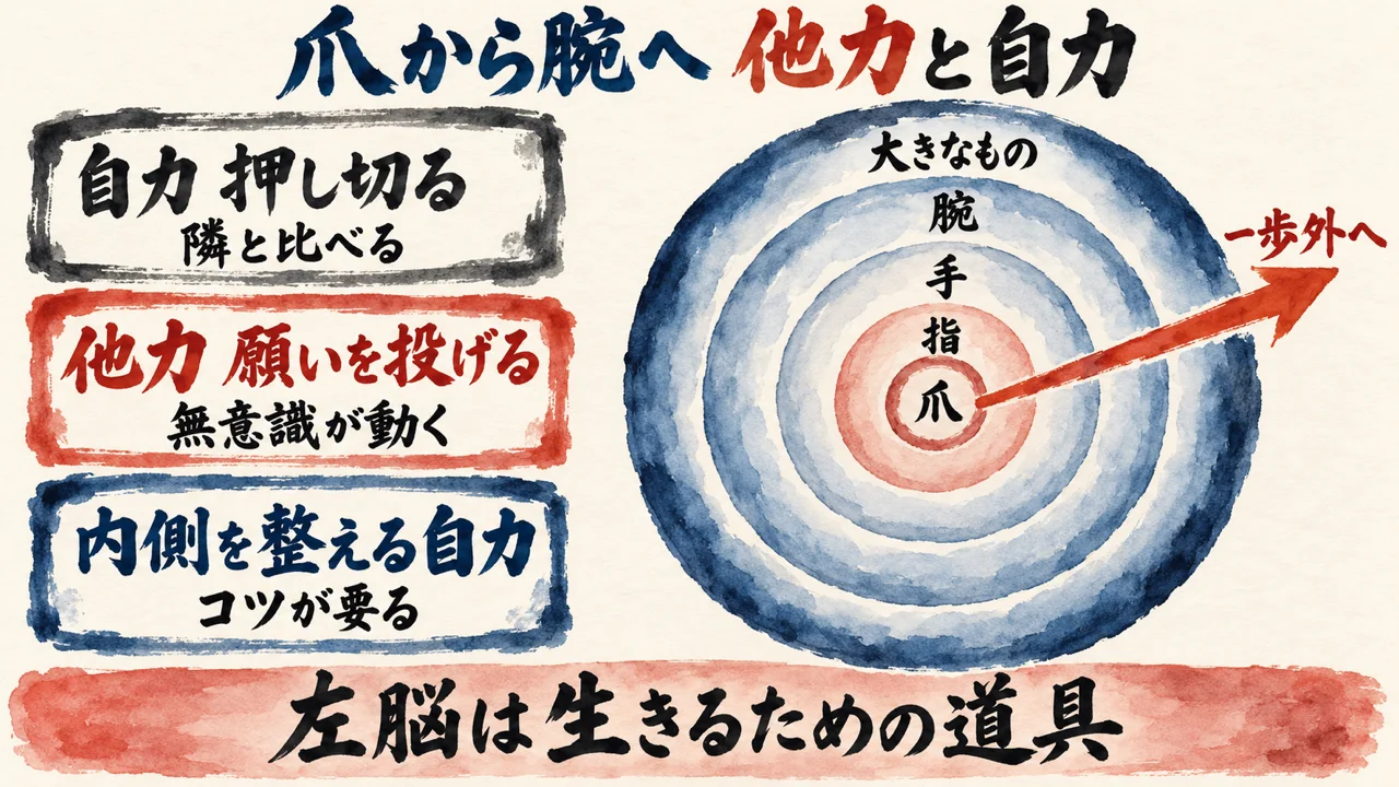 爪・指・手・腕・大きなものの5重の輪と、一歩外へ。左に自力 押し切る・隣と比べる、中央に他力 願いを投げる・無意識が動く、右に内側を整える自力・コツが要るの縦3枚の札。下に左脳は生きるための道具の帯