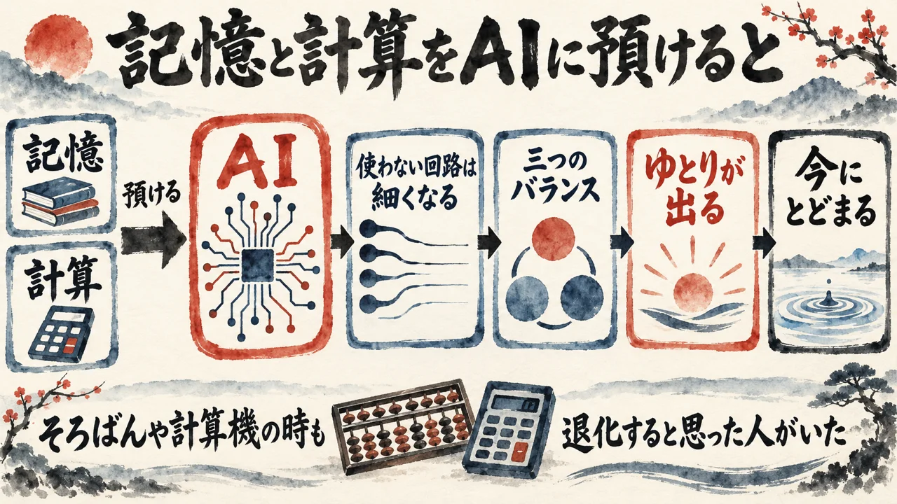 記憶と計算をAIに預け、使わない回路は細くなり、三つのバランスからゆとりが出て今にとどまる、と左から右へ流れる図。脇に、そろばんや計算機の時も退化すると思った人がいた、の注記