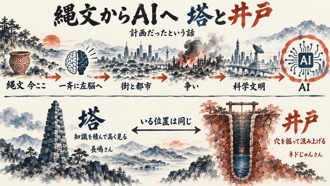 上に縄文 今ここ・一斉に左脳へ・街と都市・争い・科学文明・AIの年表と、計画だったという話の札。下に、知識を積んで高く見る塔に長嶋さん、穴を掘って汲み上げる井戸にネドじゅんさん、いる位置は同じ、の図