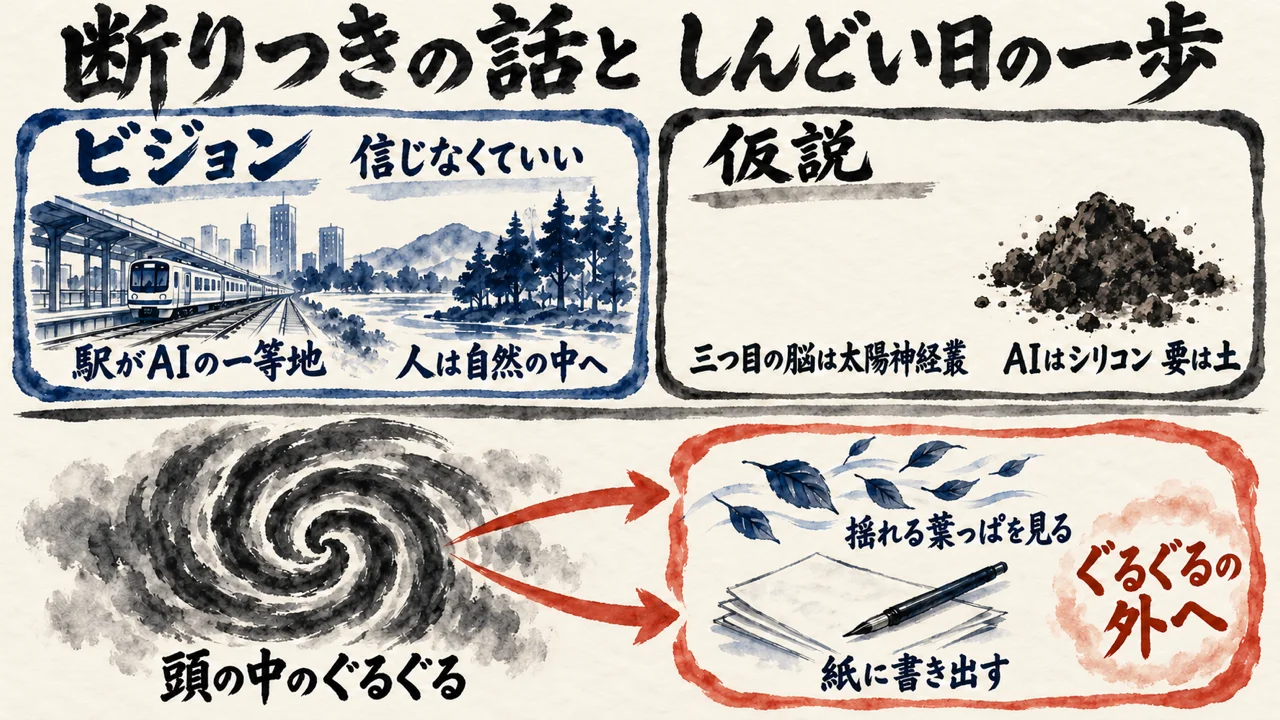 上にビジョンの箱（信じなくていい・駅がAIの一等地・人は自然の中へ）と仮説の箱（三つ目の脳は太陽神経叢・AIはシリコン 要は土）。下に頭の中のぐるぐるから、揺れる葉っぱを見る・紙に書き出すの2本の矢印で、ぐるぐるの外へ出る図