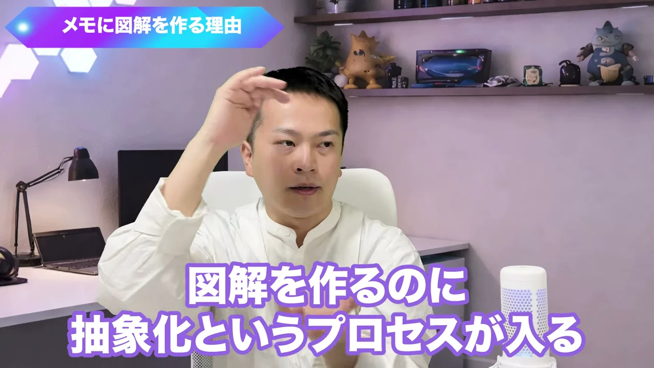 動画キャプチャ: 「メモに図解を作る理由」の章で、図解を作るのに抽象化というプロセスが入ると話す場面（2:56頃）
