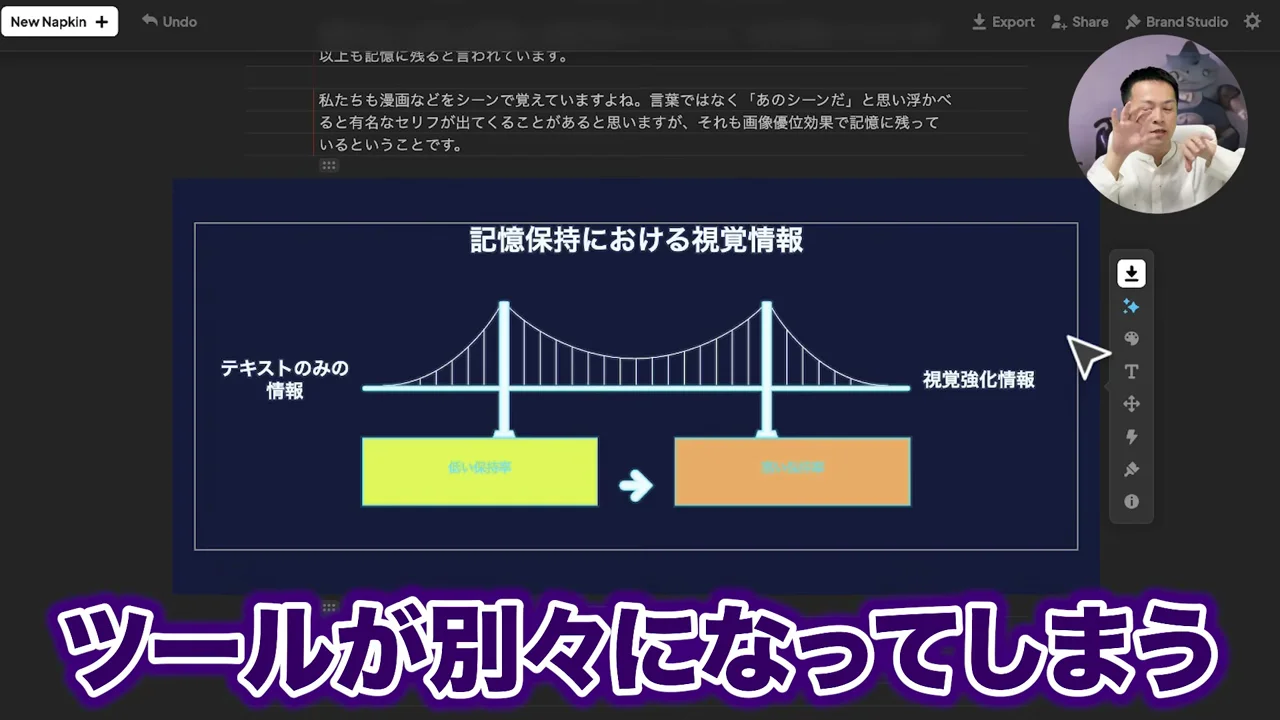 動画キャプチャ: Napkin AI の画面で、図を書き出すとツールが別々になってしまうと話す場面（7:10頃）