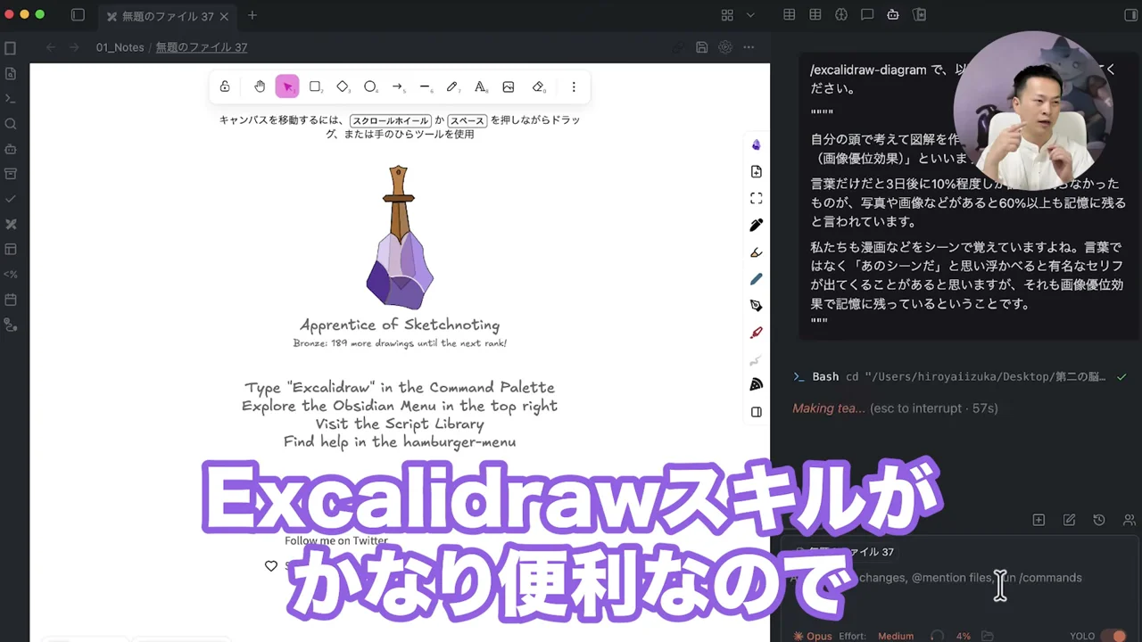 動画キャプチャ: Obsidian の右サイドバーで Excalidraw スキルを使う場面（11:30頃）