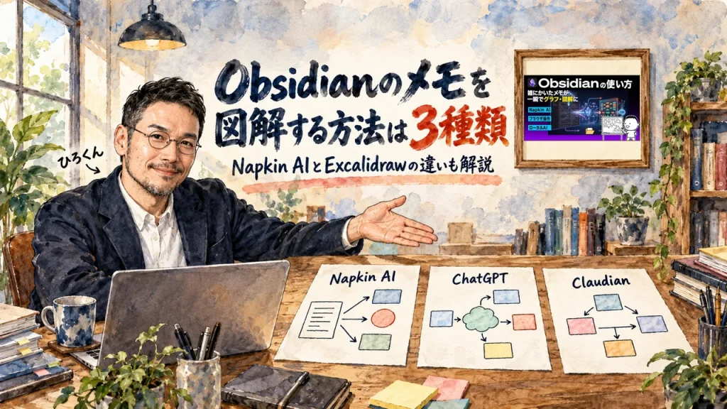 Obsidianのメモを図解する方法は3種類。Napkin AIとExcalidrawの違いも解説。机の上に3枚の図を広げて紹介するひろくんと、壁に動画のサムネイル