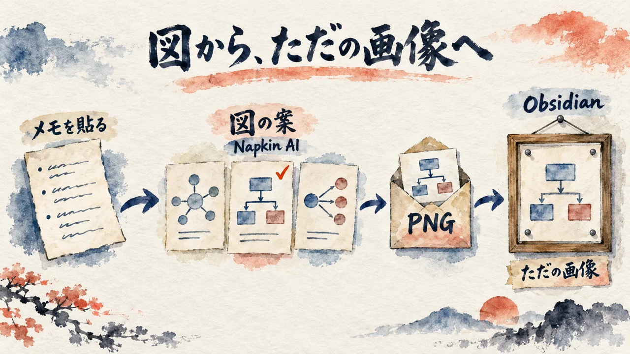 メモを貼ると図の案が3枚並び、1枚を選ぶとPNGの封筒に入り、Obsidianの額縁ではただの画像になる流れを左から右へ描いた図解