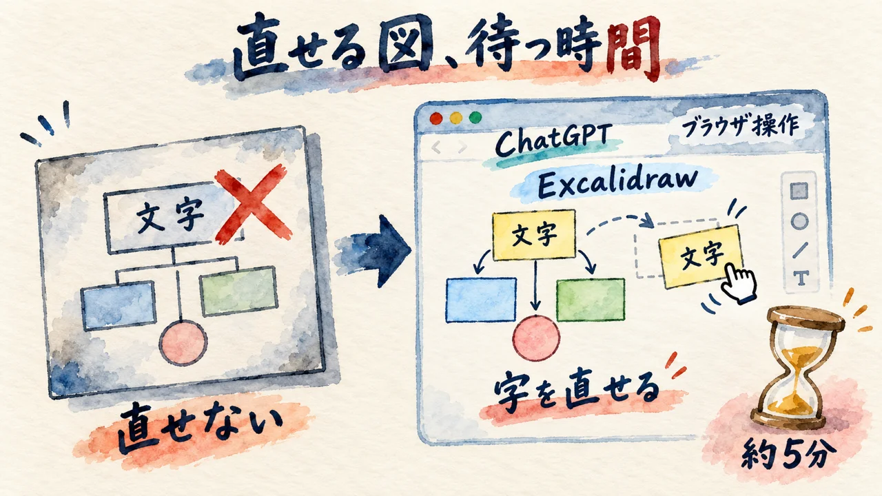 字が焼き付いて直せない図と、ブラウザ操作で作ったExcalidrawの直せる図を左右に並べ、約5分の砂時計を添えた図解