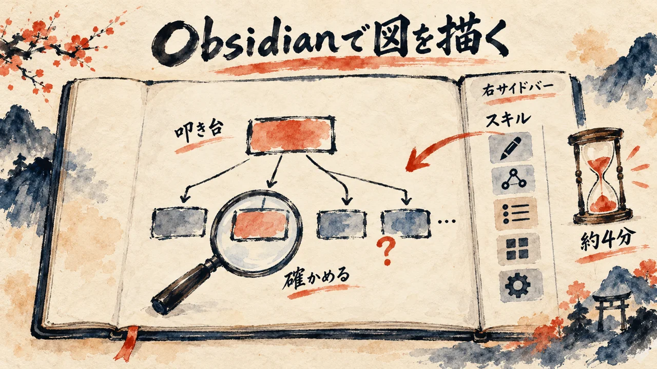 開いたノートの中央に粗い図の叩き台、右のサイドバーにスキルの道具箱と約4分の砂時計、虫眼鏡で確かめる手を描いた図解