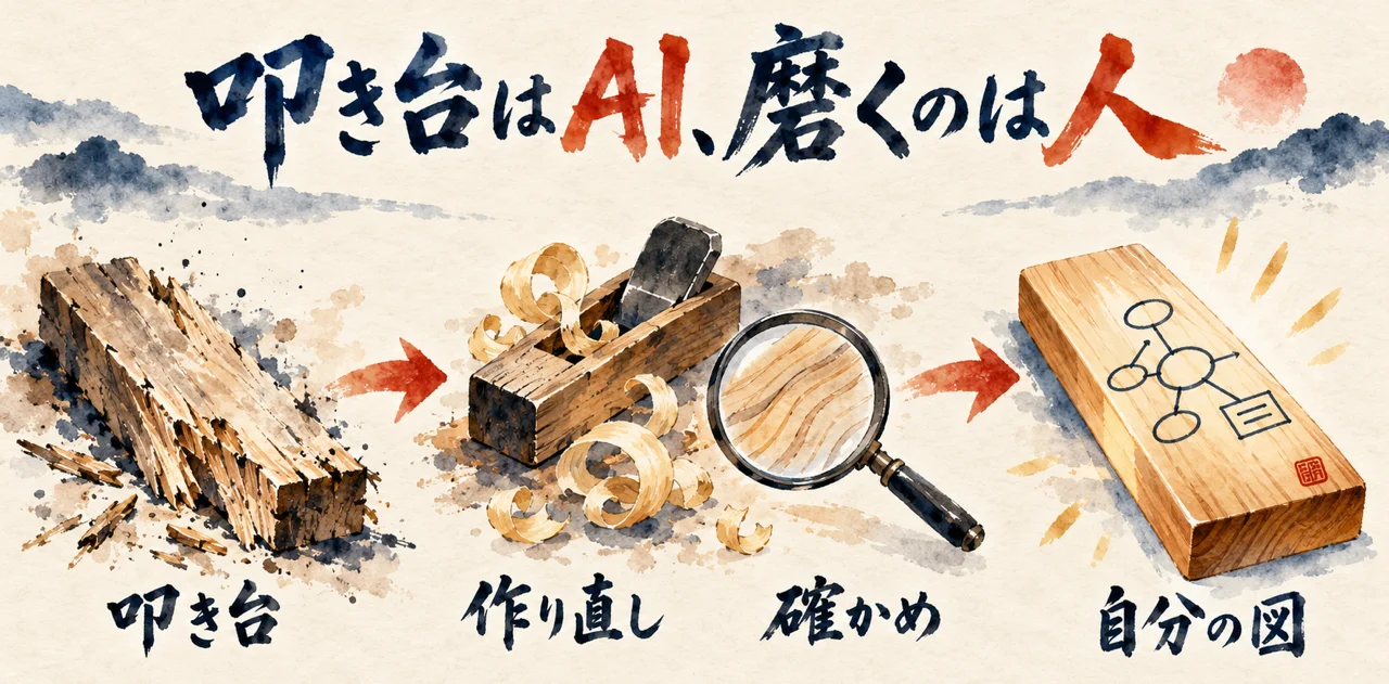 粗く削っただけの板の叩き台から、かんなと虫眼鏡で作り直しと確かめを経て、磨かれた自分の図になる流れを描いた図解