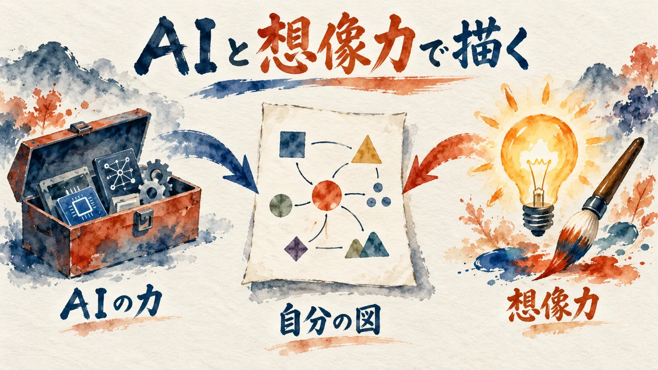 AIの力の道具箱と、想像力の電球と筆から矢印が伸び、中央の1枚の自分の図に合流する図解