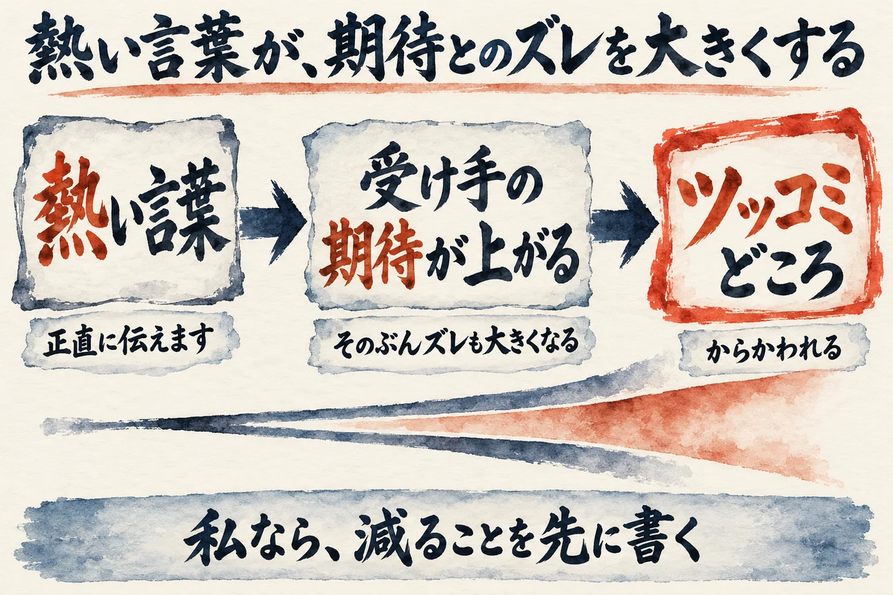 言葉を熱くするほど受け手の期待が上がり、そのぶんズレも大きくなってツッコミどころになる、という流れを3枚の札で示し、私なら減ることを先に書くと添えた図解