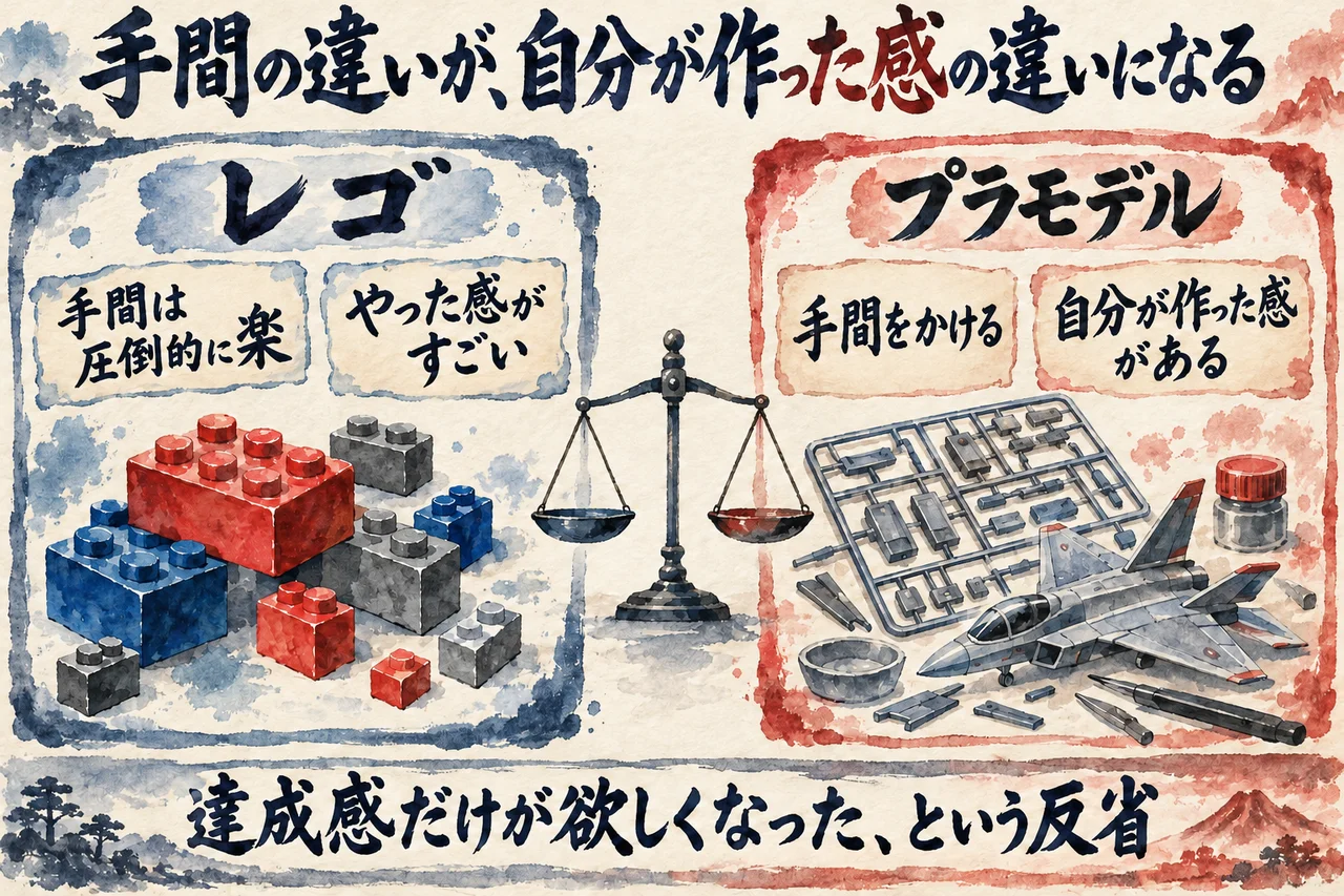 レゴは手間が圧倒的に楽でやった感がすごく、プラモデルは手間をかけて自分が作った感がある、という違いを天秤で並べ、達成感だけが欲しくなった反省を添えた図解