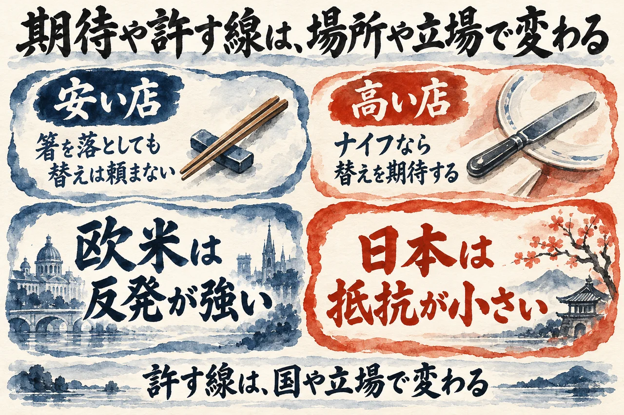 安い店で箸を落としても替えは頼まず、高い店ならナイフに替えを期待する例と、欧米は反発が強く日本は抵抗が小さいという見方を並べ、許す線は国や立場で変わると示した図解