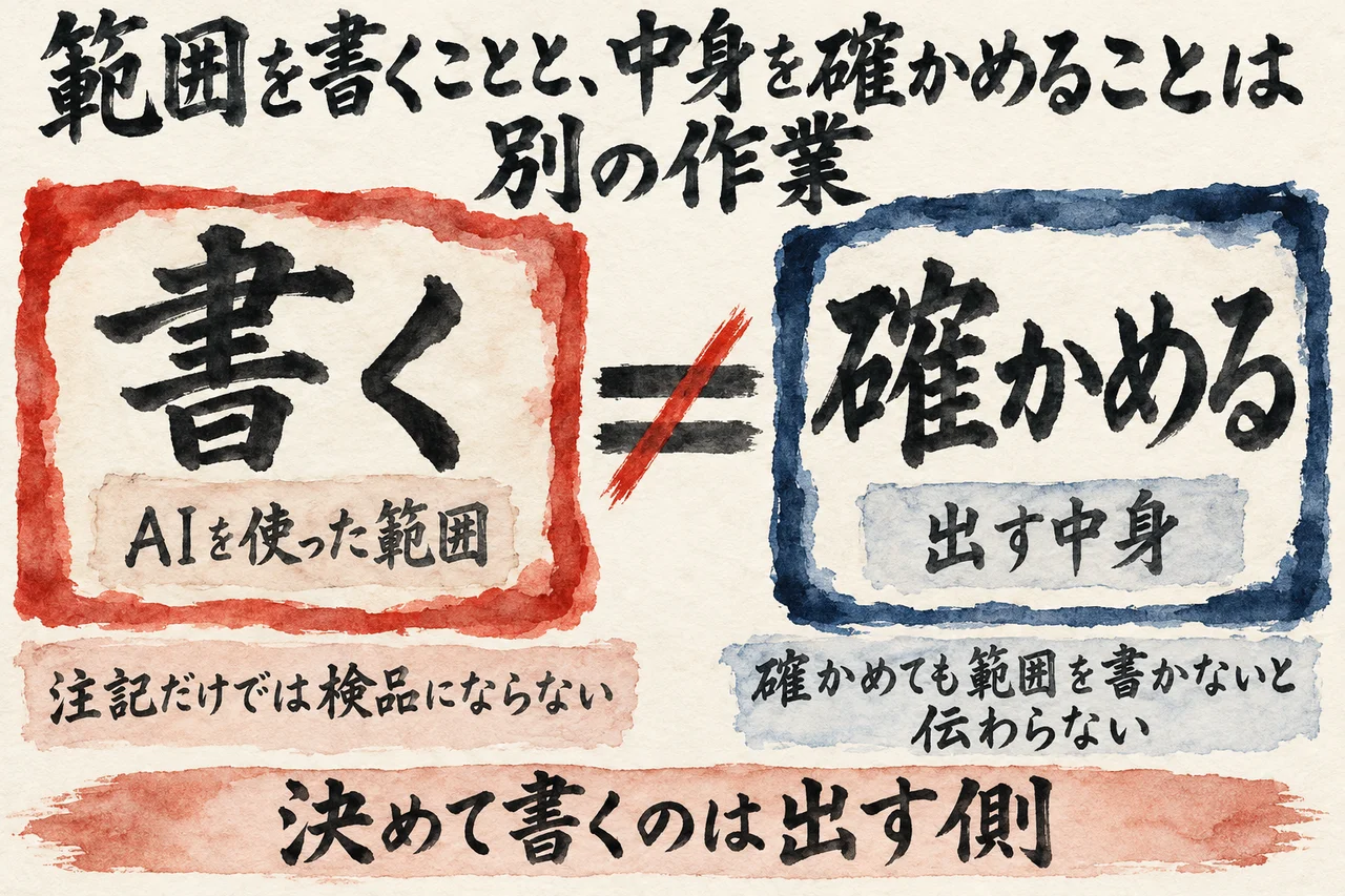 AIを使った範囲を書くことと、出す中身を確かめることは別の作業で、一方が他方の代わりにはならないと示し、決めて書くのは出す側だと添えた図解