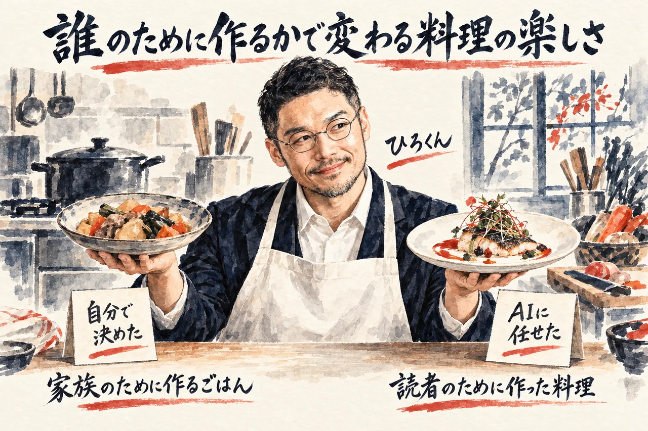 白い前掛けのひろくんが、家族のために作るごはんの皿と、読者のために作った料理の皿を両手に持って見比べているコラム図解