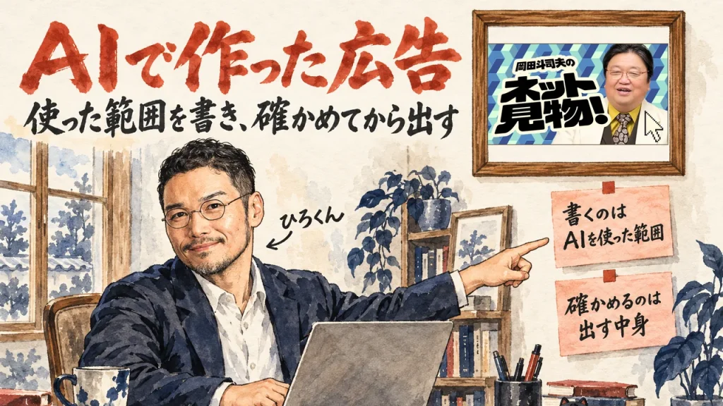 AIで作った広告の使った範囲を書き、出す中身を確かめてから出すと伝えるひろくんと、壁に動画のサムネイル