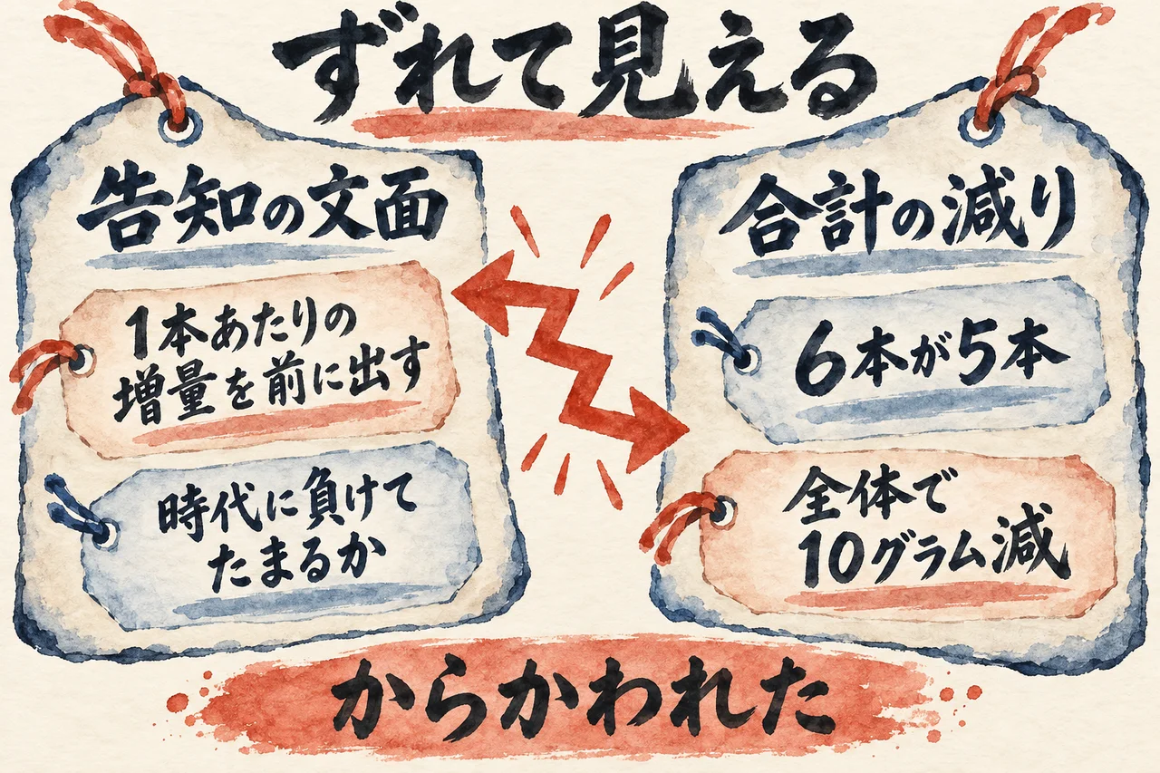告知の文面は1本あたりの増量を前に出し、合計は6本が5本で全体で10グラム減り、ずれて見えたことでからかわれた、という流れを示した図解