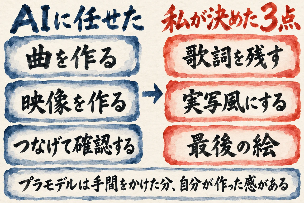 曲を作る、映像を作る、つなげて確認するをAIに任せ、歌詞を残す、実写風にする、最後の絵の3点を私が決めたことを左右に並べた図解