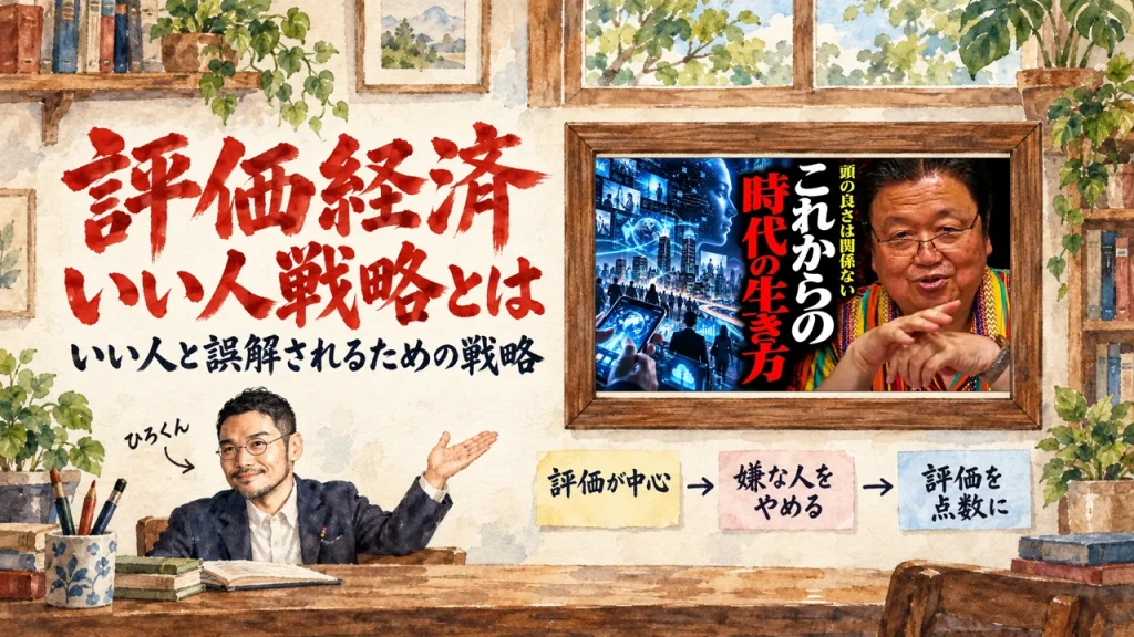 アイキャッチ: 評価経済 いい人戦略とは、いい人と誤解されるための戦略の朱色の筆文字と、評価が中心・嫌な人をやめる・評価を点数にの3枚の付箋、左下に小さく笑顔のひろくん、壁に動画のサムネイル