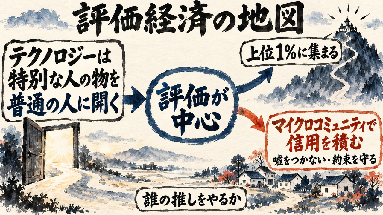 図解: テクノロジーが特別な人の物を普通の人に開き、評価が中心になると、上位1%に集まる道と、マイクロコミュニティで嘘をつかず約束を守って信用を積む道に分かれ、誰の推しをやるかが問われる