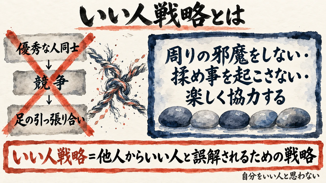 図解: 優秀な人同士は競争から足の引っ張り合いになるのでバツ、周りの邪魔をせず揉め事を起こさず楽しく協力する人が求められ、いい人戦略は他人からいい人と誤解されるための戦略で、自分をいい人と思わない