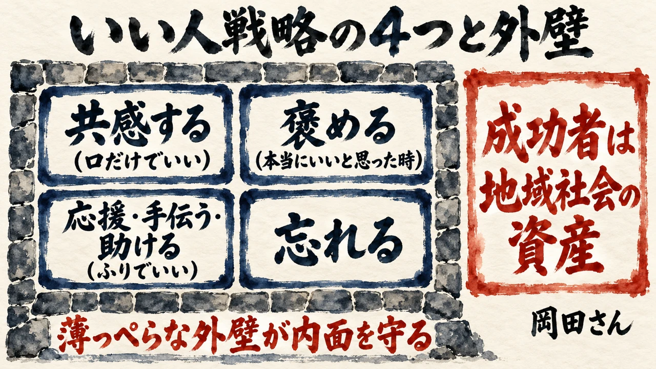 図解: 共感する（口だけでいい）、褒める（本当にいいと思った時）、応援・手伝う・助ける（ふりでいい）、忘れるの4つを薄っぺらな外壁が囲んで内面を守り、横に成功者は地域社会の資産という岡田さんの言葉
