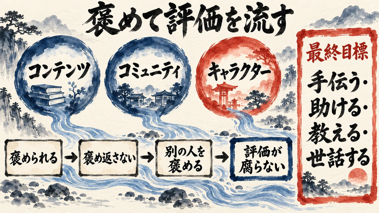 図解: コンテンツ・コミュニティ・キャラクターの3つの円の下で、褒められたら褒め返さずに別の人を褒めると評価が腐らず、最終目標は手伝う・助ける・教える・世話すること
