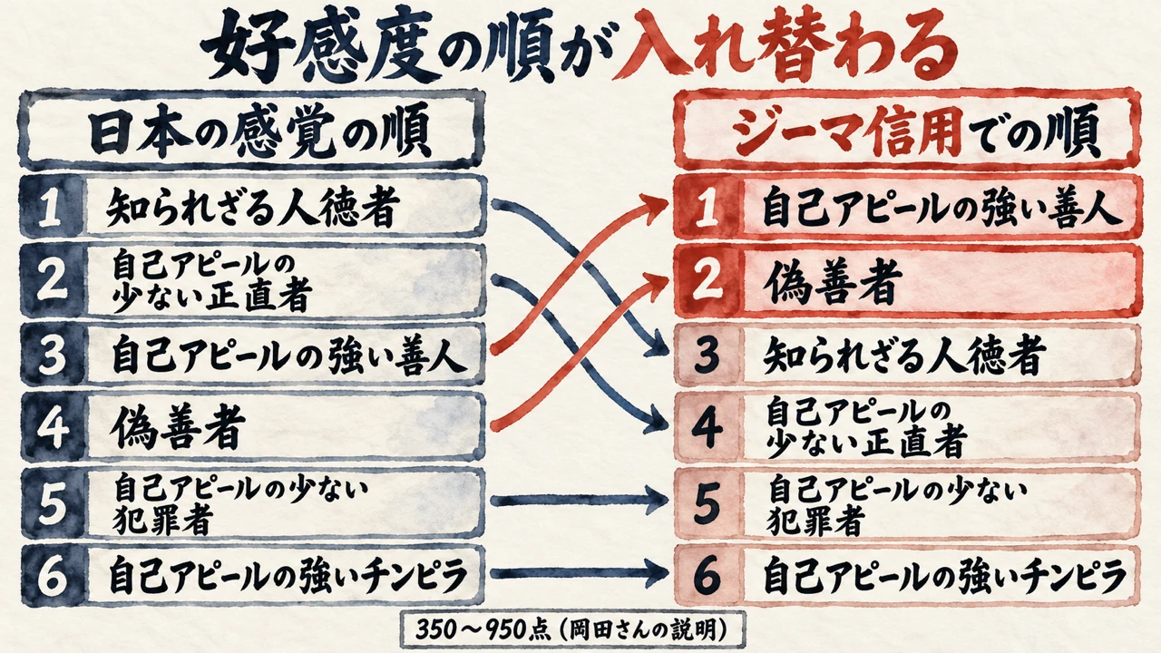図解: 日本の感覚では知られざる人徳者が1番の好感度の順が、ジーマ信用では自己アピールの強い善人が1番、偽善者が2番目に入れ替わり、点数は岡田さんの説明で350〜950点