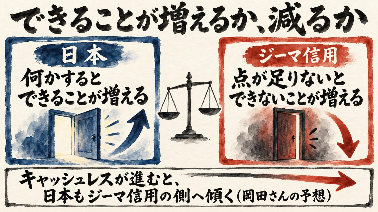 図解: 日本は何かするとできることが増える方式、ジーマ信用は点が足りないとできないことが増える方式で、キャッシュレスが進むと日本もジーマ信用の側へ傾くと岡田さんは予想する