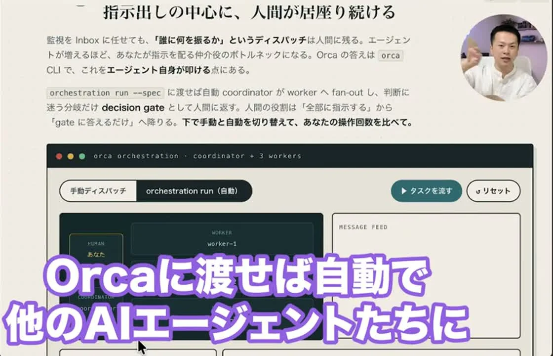 動画キャプチャ: 指示出しの中心に、人間が居座り続ける、というスライド。迷う分岐だけをdecision gateとして人間に返す仕組みの説明（6:04頃）