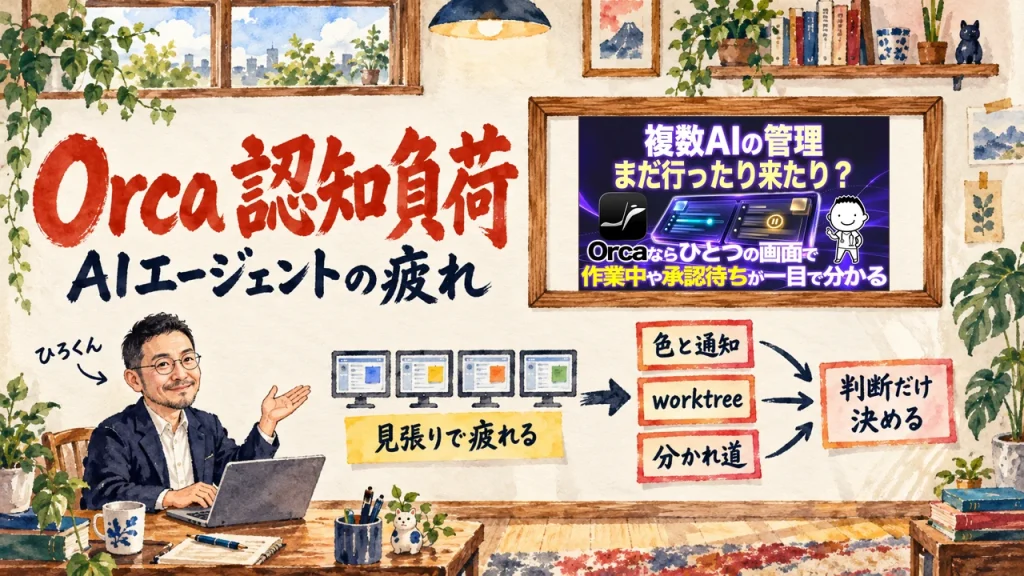 人間が見張りで疲れる形から、色と通知・worktree・分かれ道を通って、判断だけ決める形への図を、ひろくんが笑顔で紹介している。筆文字はOrca 認知負荷とAIエージェントの疲れ。壁に動画のサムネイル