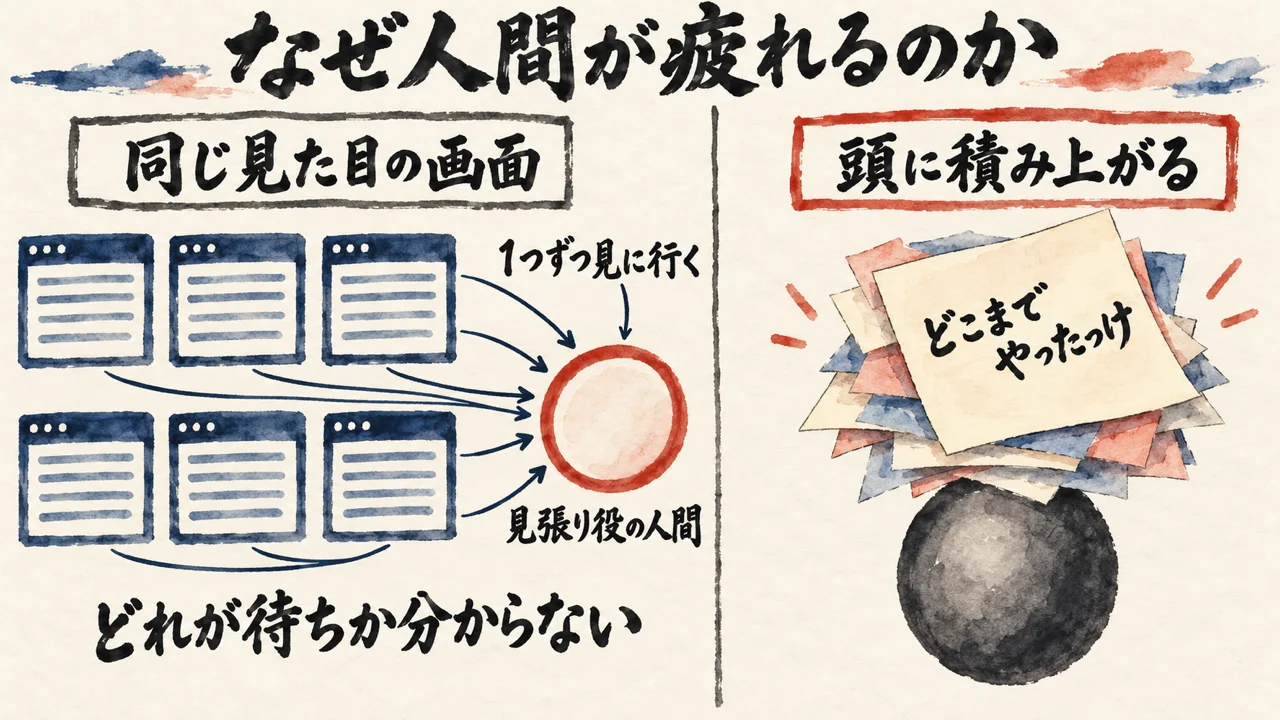 同じ見た目の6つの画面から見張り役の人間へ矢印が集まり、どれが待ちか分からず、頭にどこまでやったっけが積み上がる対比の図解