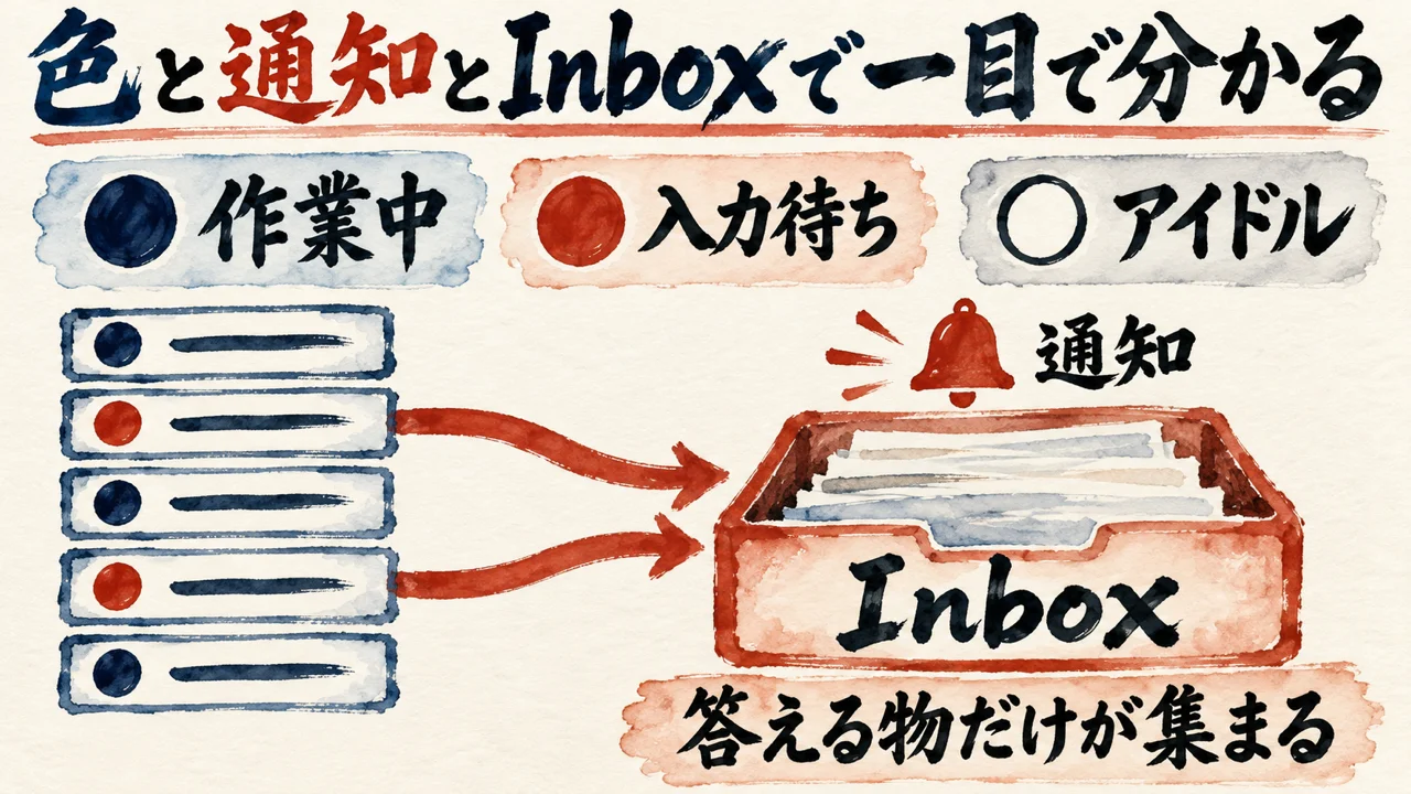作業中・入力待ち・アイドルの3つの色の印と、入力待ちのタスクだけが通知とともにInboxへ集まる流れの図解