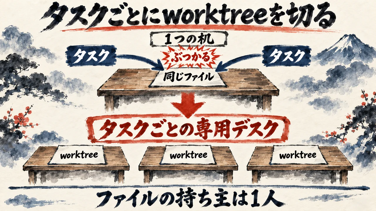 1つの机で2つのタスクが同じファイルでぶつかる形と、タスクごとにworktreeの専用デスクを切ってファイルの持ち主を1人にする形の図解