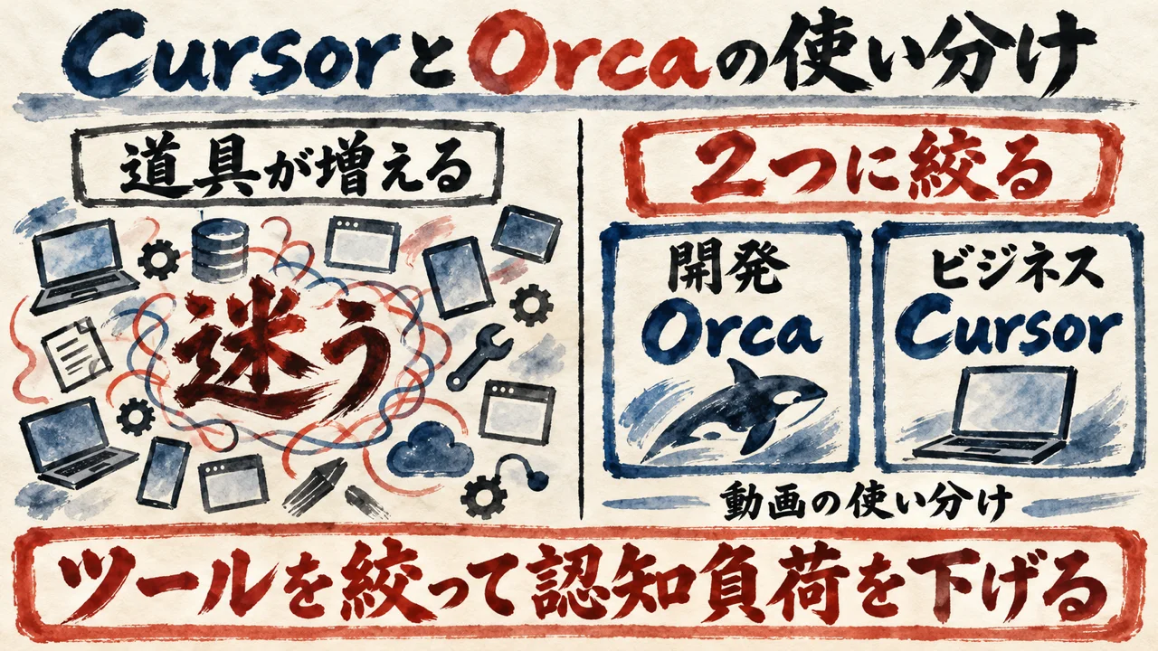 道具が増えて迷う形と、開発はOrca・ビジネスはCursorの2つに絞る使い分けを並べ、ツールを絞って認知負荷を下げる図解