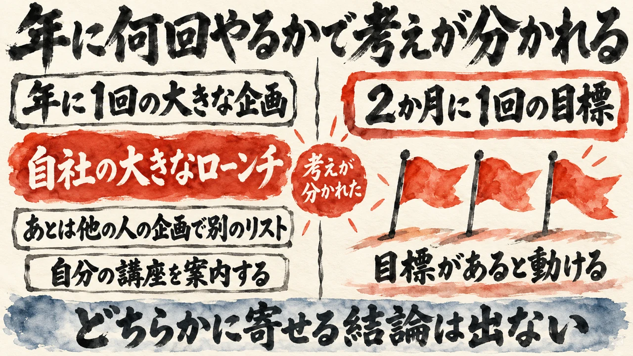 年に何回やるかで考えが分かれる図。左は年に1回の大きな企画と、他の人の企画で別のリストを集めて自分の講座を案内する形。右は2か月に1回の目標があると動ける形。どちらかに寄せる結論は出ない