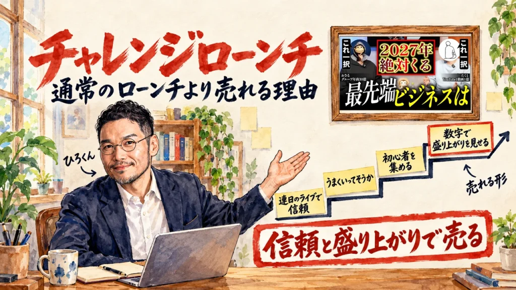 ひろくんが笑顔で手を広げ、壁の動画サムネイルを紹介している。筆文字はチャレンジローンチ、通常のローンチより売れる理由。連日のライブで信頼、うまくいってそうか、初心者を集める、数字で盛り上がりを見せる、の4段の階段。壁に動画のサムネイル