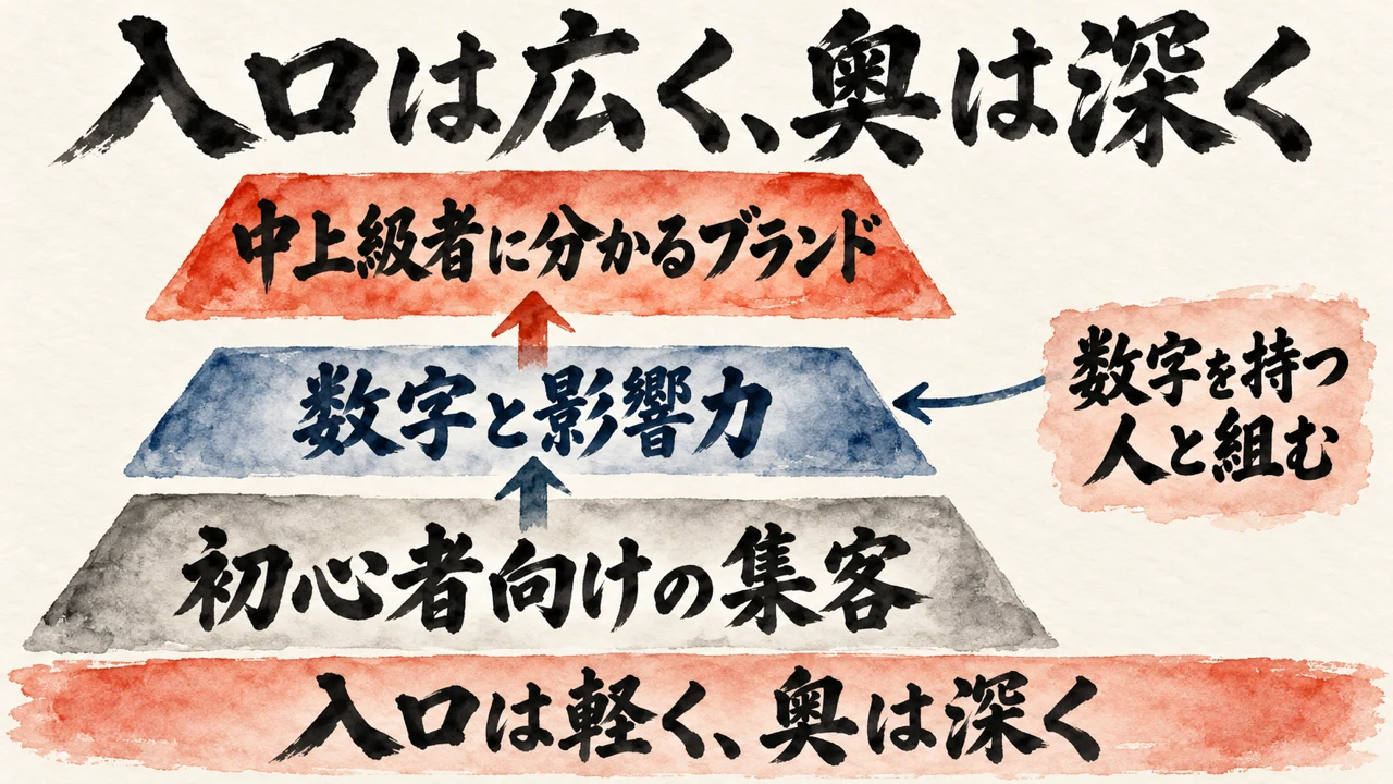 入口は広く、奥は深くを表す3段の図。下から、初心者向けの集客、数字と影響力、中上級者に分かるブランド。数字を持つ人と組む、の補足つき