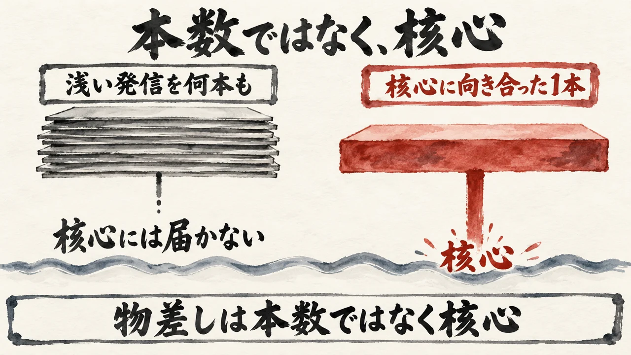 浅い発信を何本も重ねた束は核心に届かず、核心に向き合った1本は深く届く図。タイトルは本数ではなく、核心