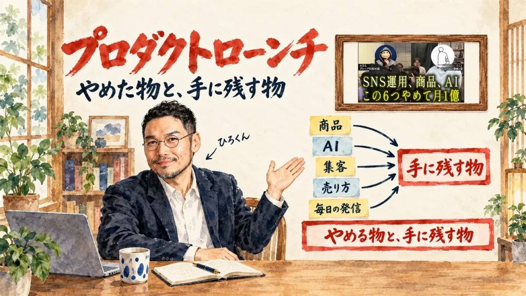 ひろくんが笑顔で、商品・AI・集客・売り方・毎日の発信の5枚の付箋が、手に残す物に集まる図を紹介している。筆文字はプロダクトローンチ。壁に動画のサムネイル
