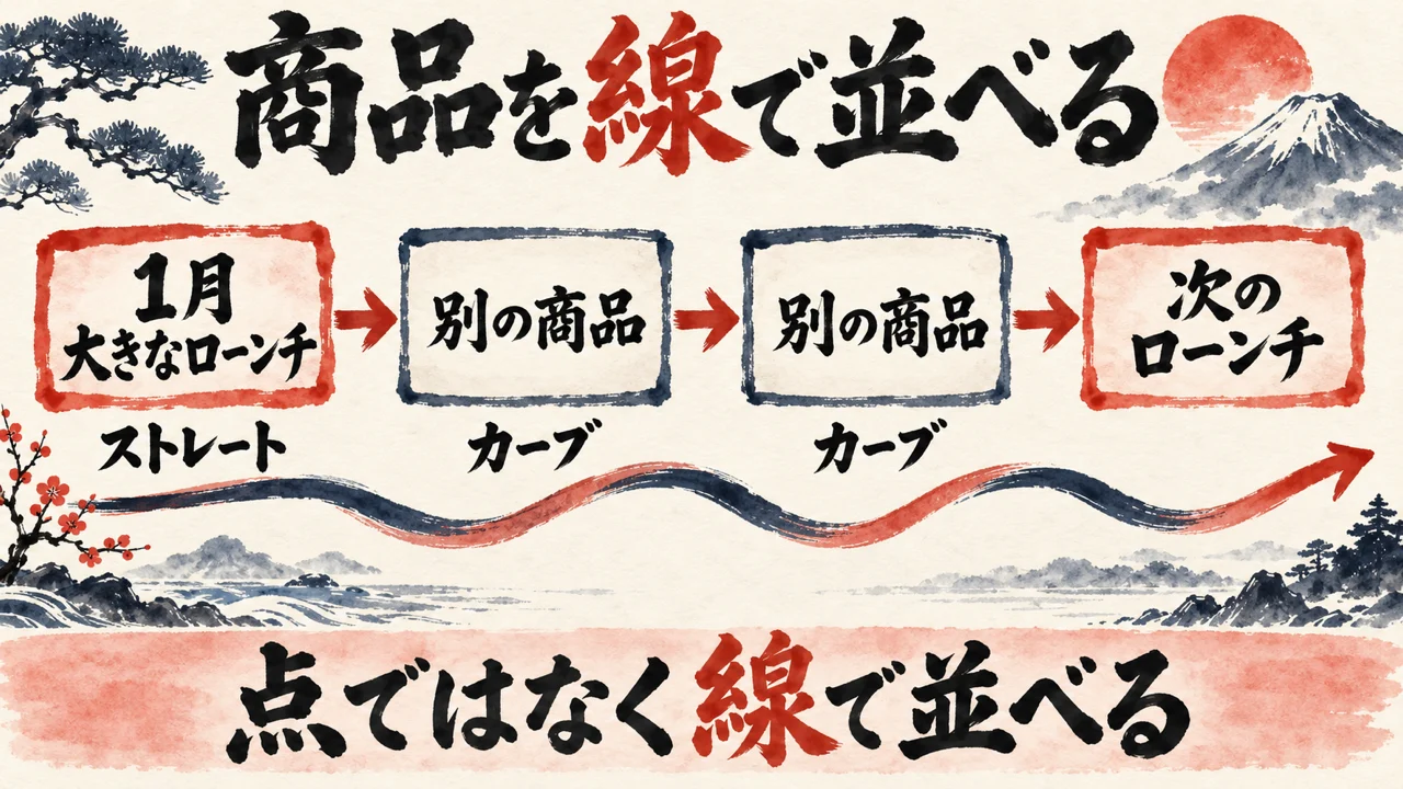 商品を線で並べる流れの図。1月の大きなローンチ、別の商品、別の商品、次のローンチの順に矢印でつながる。タイトルは商品を線で並べる