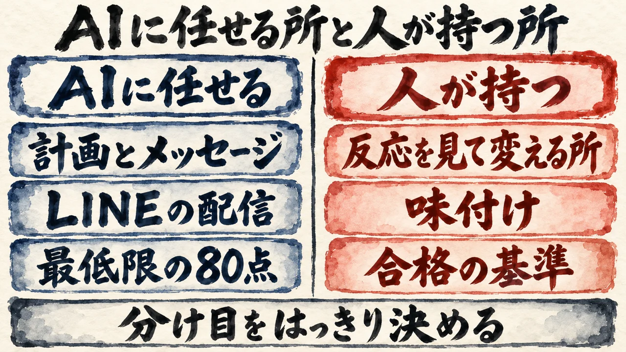 AIに任せる所（計画とメッセージ、LINEの配信、最低限の80点）と、人が持つ所（反応を見て変える所、味付け、合格の基準）を左右に分けた図。タイトルはAIに任せる所と人が持つ所