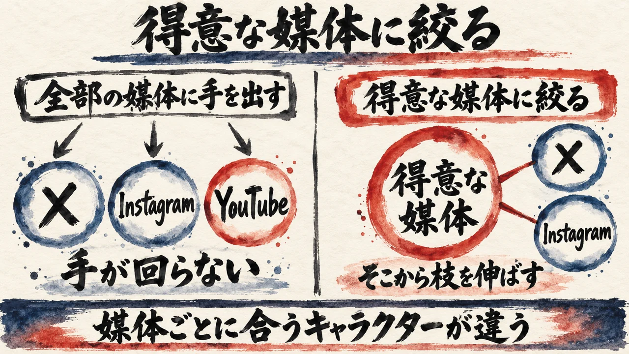全部の媒体に手を出す形と、得意な媒体に絞って枝を伸ばす形を左右に比べた図。X、Instagram、YouTube が出てくる。タイトルは得意な媒体に絞る