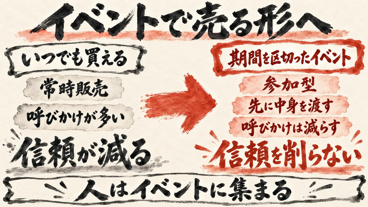 いつでも買える常時販売から、期間を区切った参加型のイベントへ変わる前後の図。先に中身を渡し、呼びかけは減らす。タイトルはイベントで売る形へ