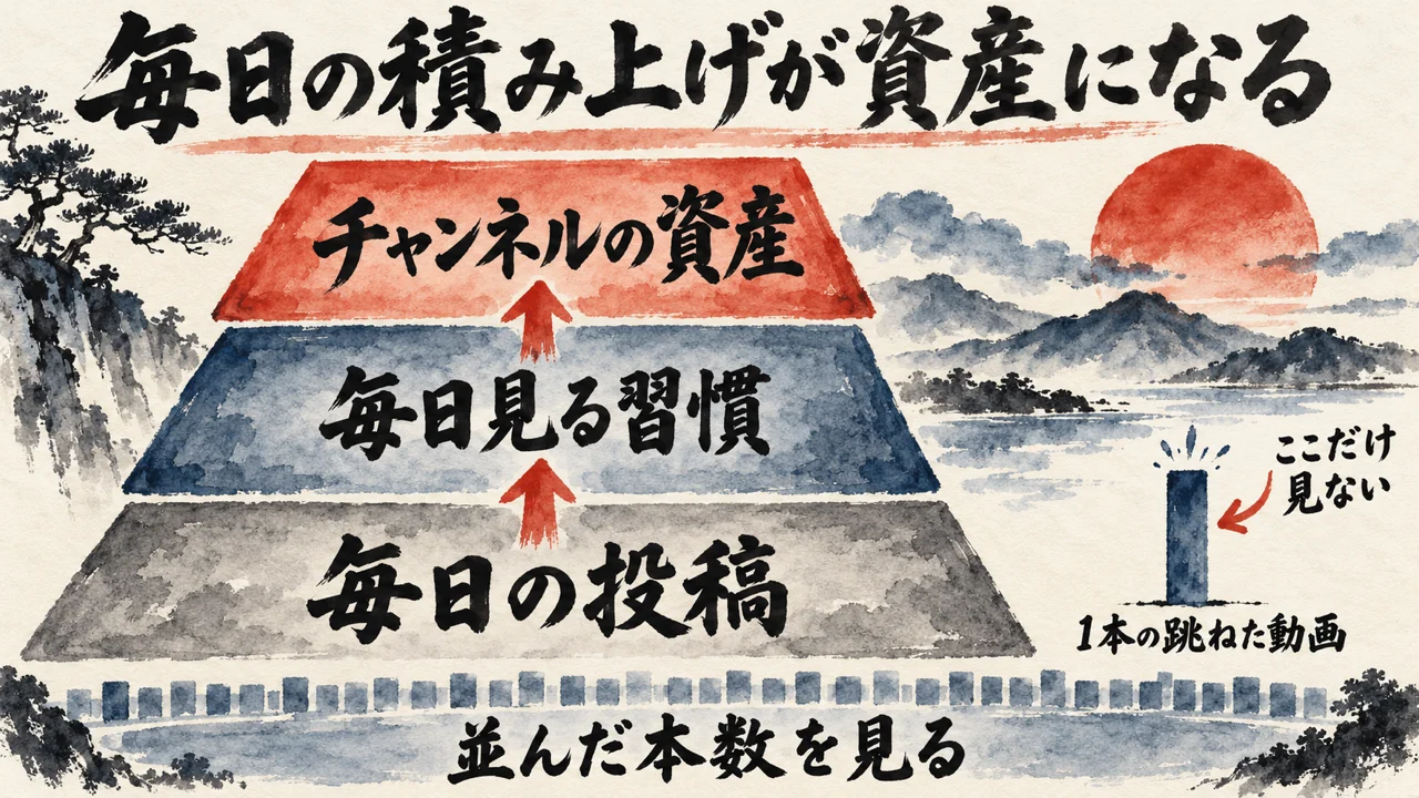 毎日の投稿、毎日見る習慣、チャンネルの資産の順に積み上がる3段の図。脇に1本の跳ねた動画がある。タイトルは毎日の積み上げが資産になる
